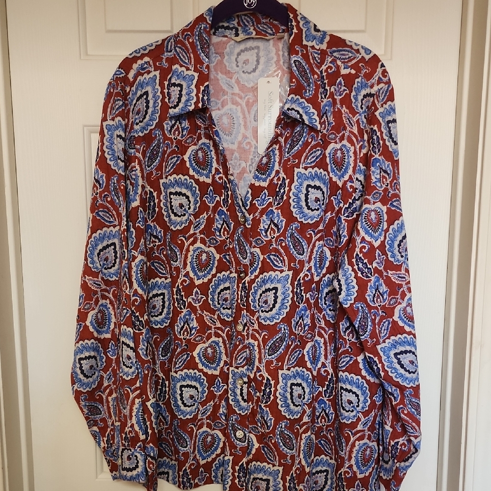 Soft Surroundings Red and Blue Addison Gauze Big Shirt sz 1X